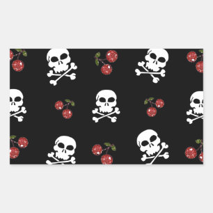RAB Rockabilly Skulls and Cherries on Black Rectangular Sticker