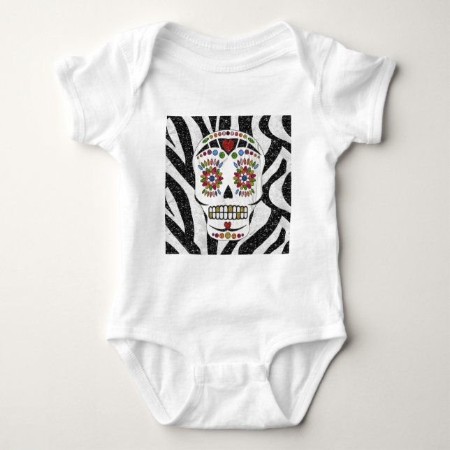 RAB Rockabilly Sugar Skull on Zebra Print Baby Bodysuit (Front)