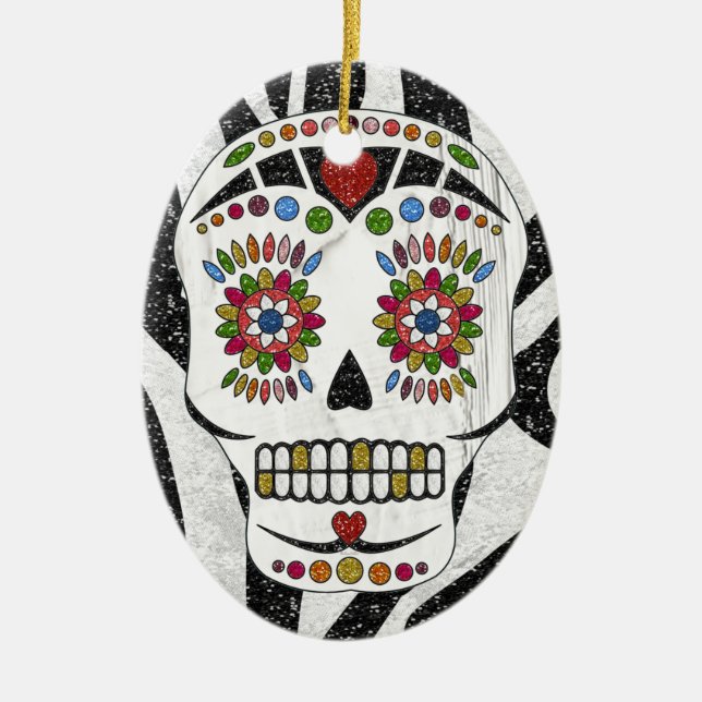 RAB Rockabilly Sugar Skull on Zebra Print Ceramic Tree Decoration (Front)