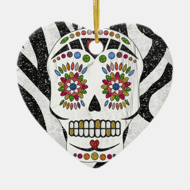 RAB Rockabilly Sugar Skull on Zebra Print Ceramic Tree Decoration (Front)