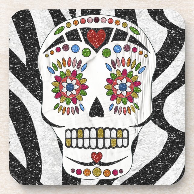 RAB Rockabilly Sugar Skull on Zebra Print Coaster (Front)