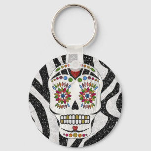 RAB Rockabilly Sugar Skull on Zebra Print Key Ring