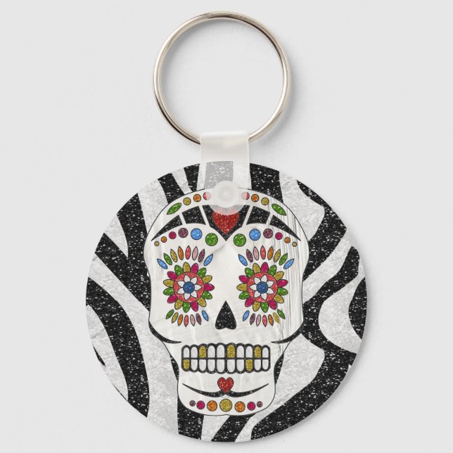 RAB Rockabilly Sugar Skull on Zebra Print Key Ring (Front)