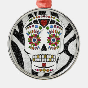 RAB Rockabilly Sugar Skull on Zebra Print Metal Tree Decoration