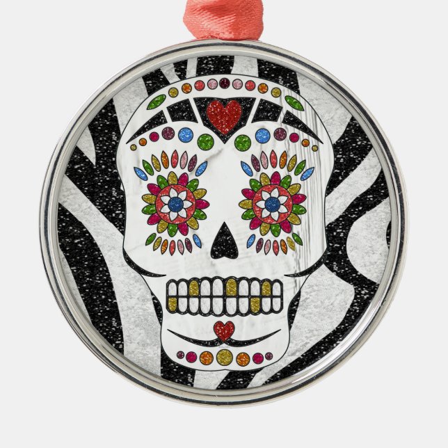 RAB Rockabilly Sugar Skull on Zebra Print Metal Tree Decoration (Front)