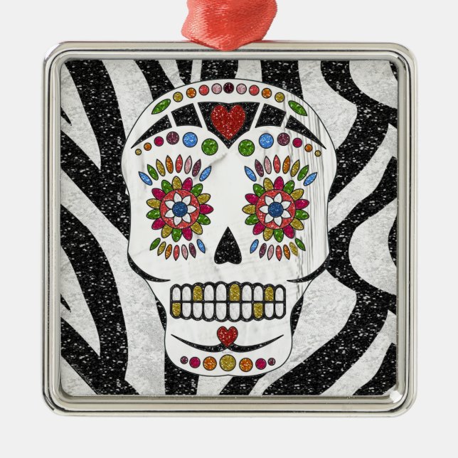 RAB Rockabilly Sugar Skull on Zebra Print Metal Tree Decoration (Front)