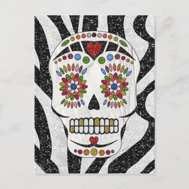 RAB Rockabilly Sugar Skull on Zebra Print Postcard (Front)