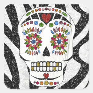 RAB Rockabilly Sugar Skull on Zebra Print Square Sticker