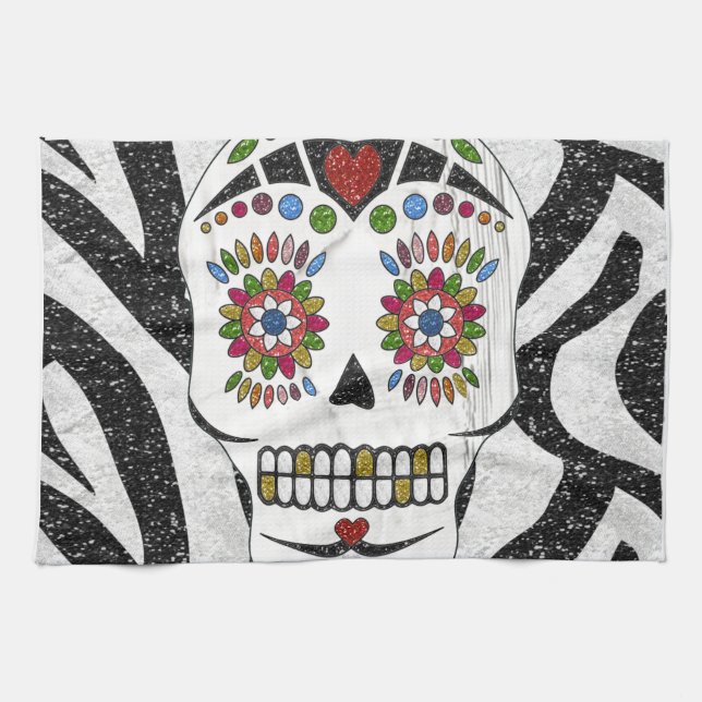 RAB Rockabilly Sugar Skull on Zebra Print Tea Towel (Horizontal)