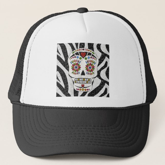 RAB Rockabilly Sugar Skull on Zebra Print Trucker Hat (Front)