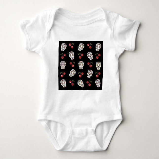 RAB Rockabilly Sugar Skulls Cherries On Black Baby Bodysuit (Front)
