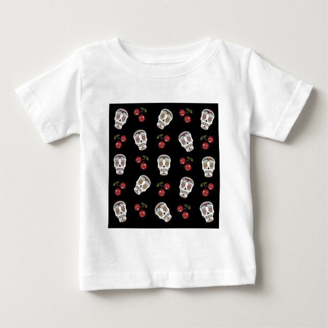 RAB Rockabilly Sugar Skulls Cherries On Black Baby T-Shirt (Front)