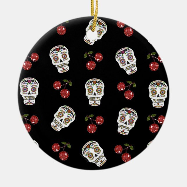 RAB Rockabilly Sugar Skulls Cherries On Black Ceramic Tree Decoration (Front)