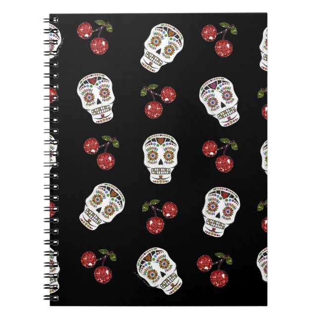 RAB Rockabilly Sugar Skulls Cherries On Black Spiral Notebook (Front)