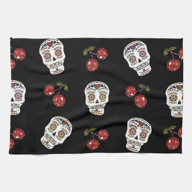 RAB Rockabilly Sugar Skulls Cherries On Black Tea Towel (Horizontal)