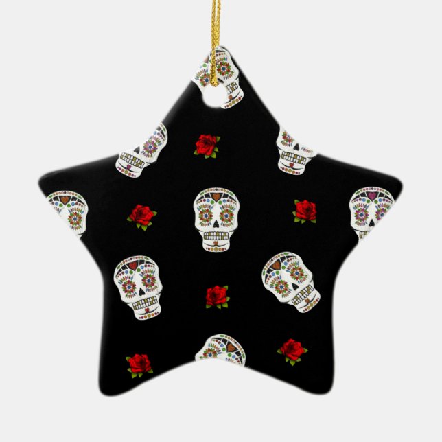 RAB Rockabilly Sugar Skulls Roses On Black Ceramic Tree Decoration (Front)