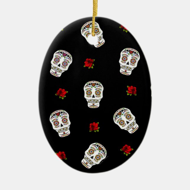 RAB Rockabilly Sugar Skulls Roses On Black Ceramic Tree Decoration (Front)