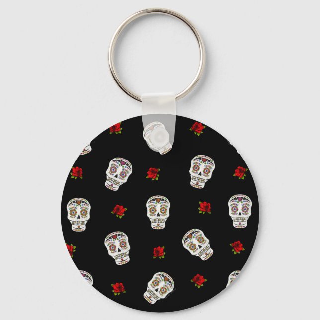 RAB Rockabilly Sugar Skulls Roses On Black Key Ring (Front)