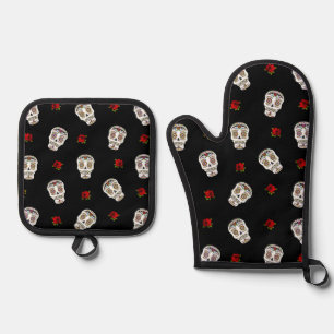 RAB Rockabilly Sugar Skulls Roses On Black Oven Mitt & Pot Holder Set