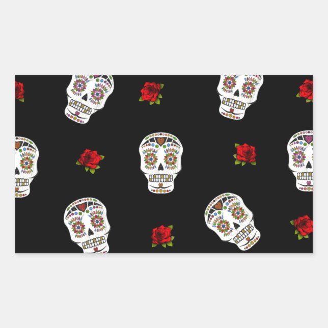 RAB Rockabilly Sugar Skulls Roses On Black Rectangular Sticker (Front)
