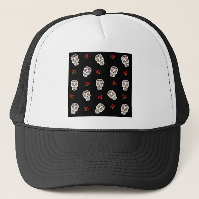 RAB Rockabilly Sugar Skulls Roses On Black Trucker Hat (Front)