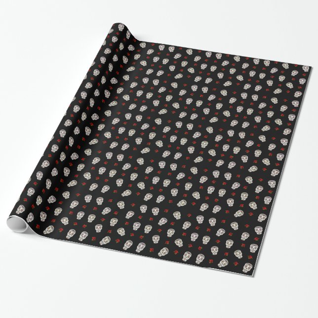 RAB Rockabilly Sugar Skulls Roses On Black Wrapping Paper (Unrolled)