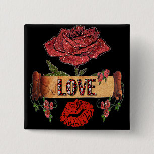 RAB Rockabilly Valentine Roses, Love & Lipstick 15 Cm Square Badge