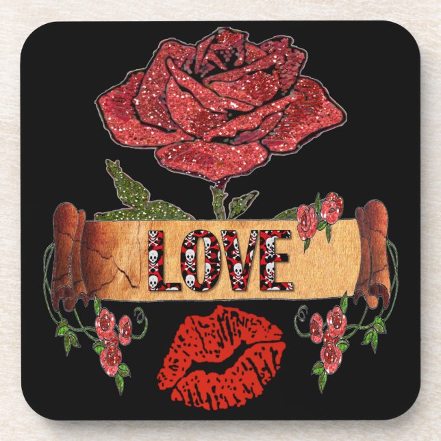 RAB Rockabilly Valentine Roses, Love & Lipstick Coaster (Front)