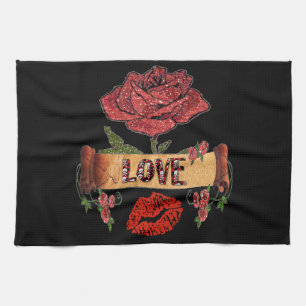 RAB Rockabilly Valentine Roses, Love & Lipstick Tea Towel