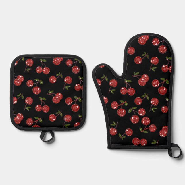 RAB Rockabilly Very Cherry Cherries On Black Oven Mitt & Pot Holder Set (Front)
