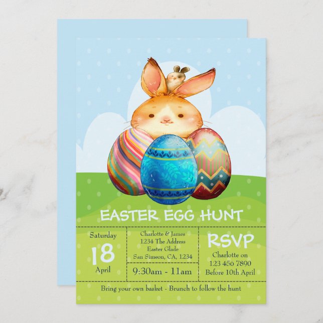 Rabbit and Baby Bunny Easter Egg Hunt Brunch Invitation (Front/Back)