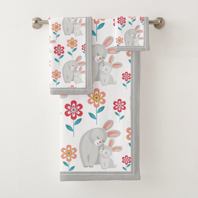 Rabbit and bunny, flowers pattern grey Mothers Day Bath Towel Set (Insitu)