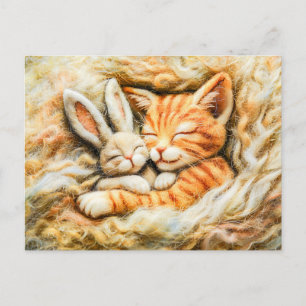 Rabbit and Cat Sleeping in Wool Made in Felt Techn Postcard