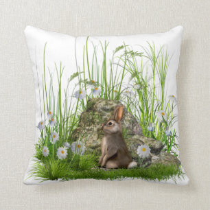 rabbit and daisies in long grass pillow cushion