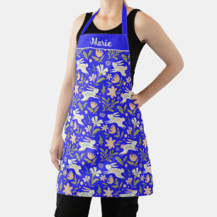 Rabbit and Flower Cobalt Blue Apron