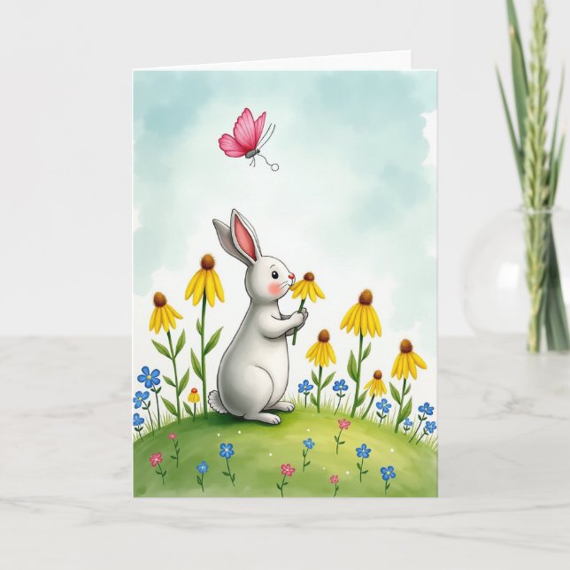 Rabbit And Flowers Cute Scene Card (Front)