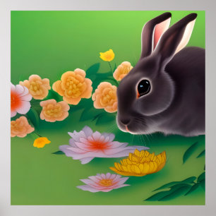 Rabbit and Flowers Poster