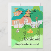 Rabbit and Hay Birthday Maze Cards for Kids