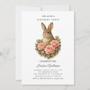 Rabbit and Pink Flowers Birthday Party Invitation