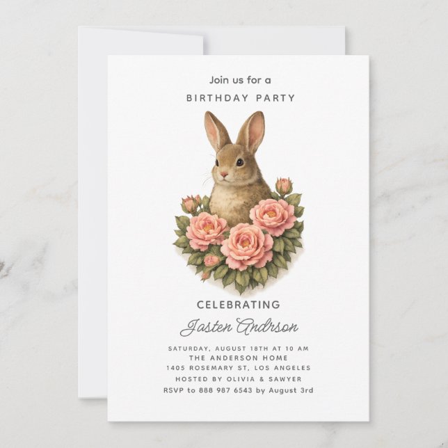 Rabbit and Pink Flowers Birthday Party Invitation (Front)
