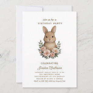 Rabbit and Pink Flowers Birthday Party Invitation