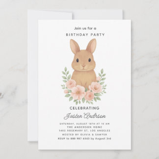 Rabbit and Pink Flowers Birthday Party Invitation