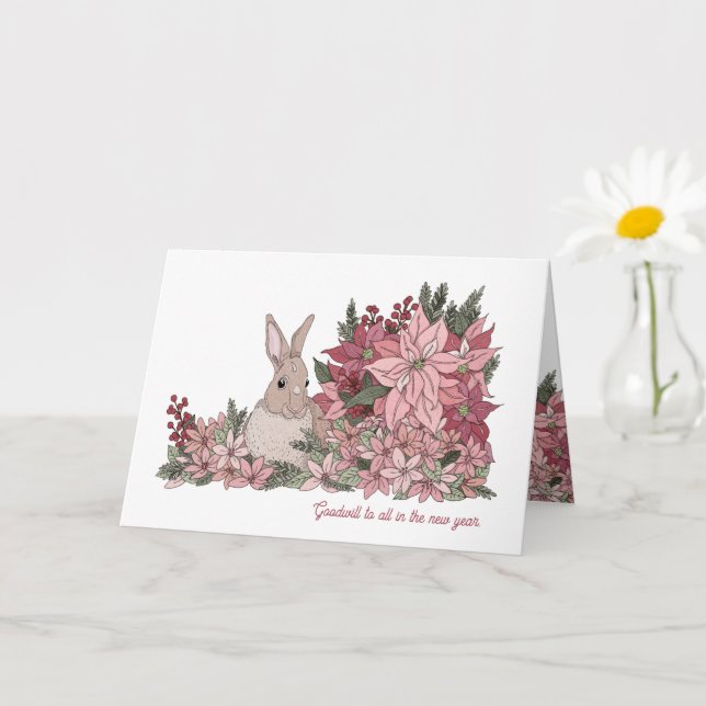 Rabbit and Pink Flowers New Year Card (Small Plant)