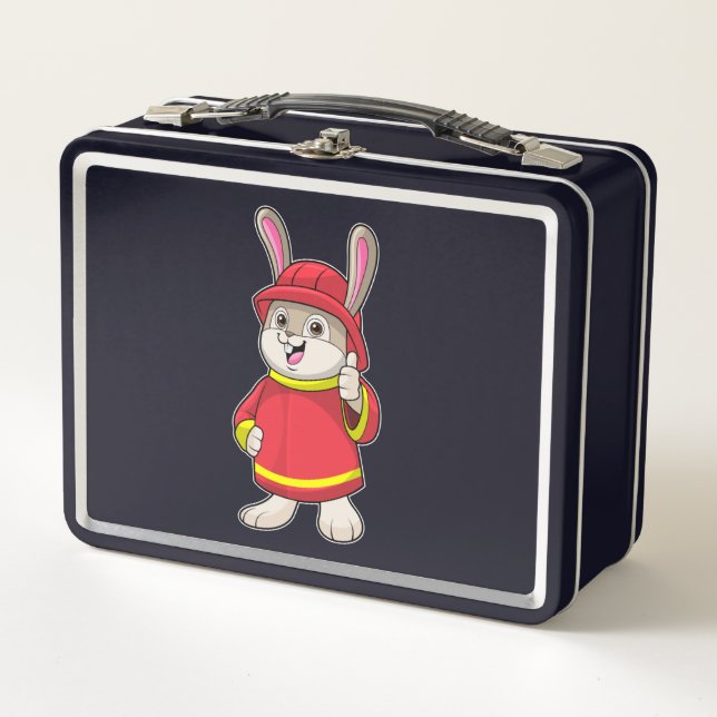 Rabbit as Firefighter with Helmet Metal Lunch Box (Front)