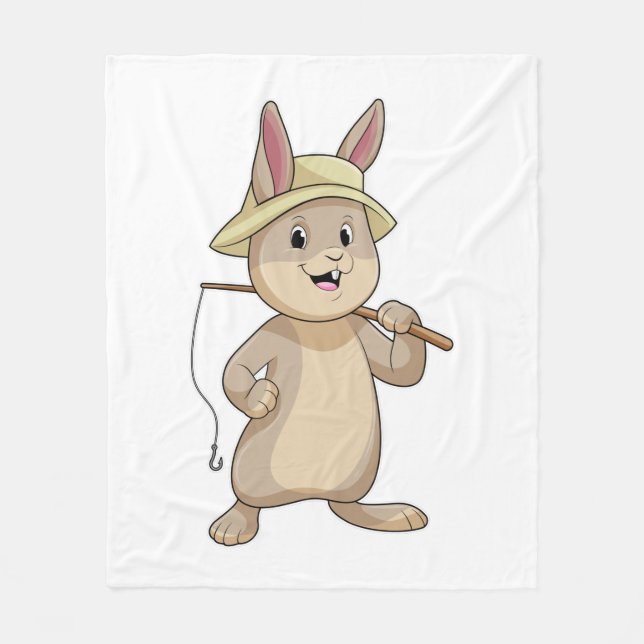 Rabbit as Fisher with Fishing rod Fleece Blanket (Front)