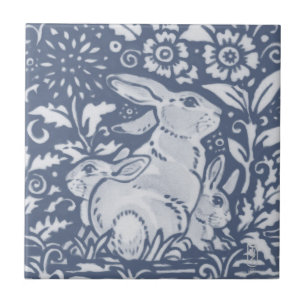 Rabbit & Babies Blue White Botanical Dedham Delft Tile
