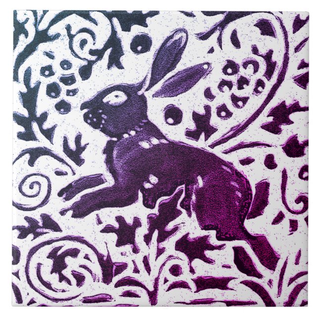Rabbit Batik Modern Purple Blue Floral Woodland Tile (Front)