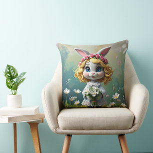 Rabbit big blue eyes holding a white bouquet cushion