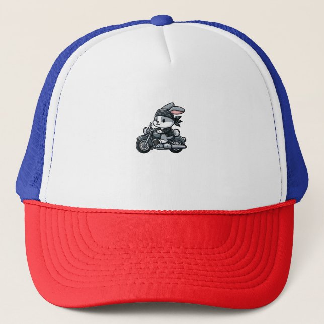 Rabbit Biker Pet Funny Motorcycle  Trucker Hat (Front)