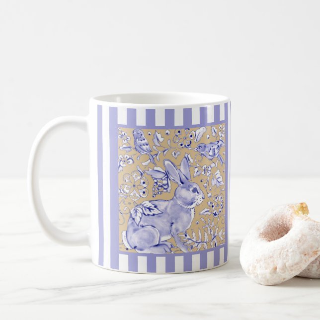 Rabbit Bird Blue White Stripes Tan Floral Foliage Coffee Mug (With Donut)